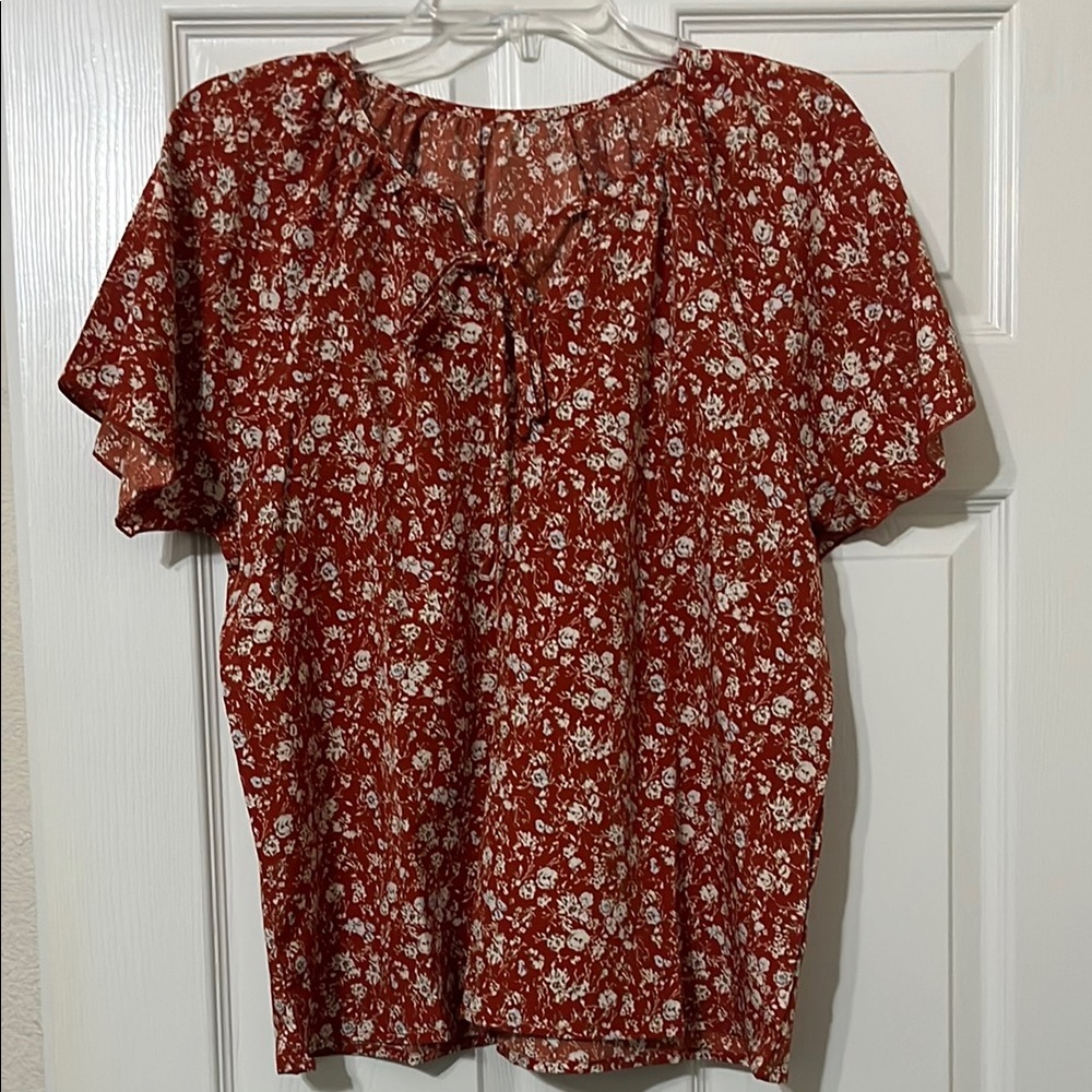 SHEIN Red Tie Front Blouse with Floral Pattern
